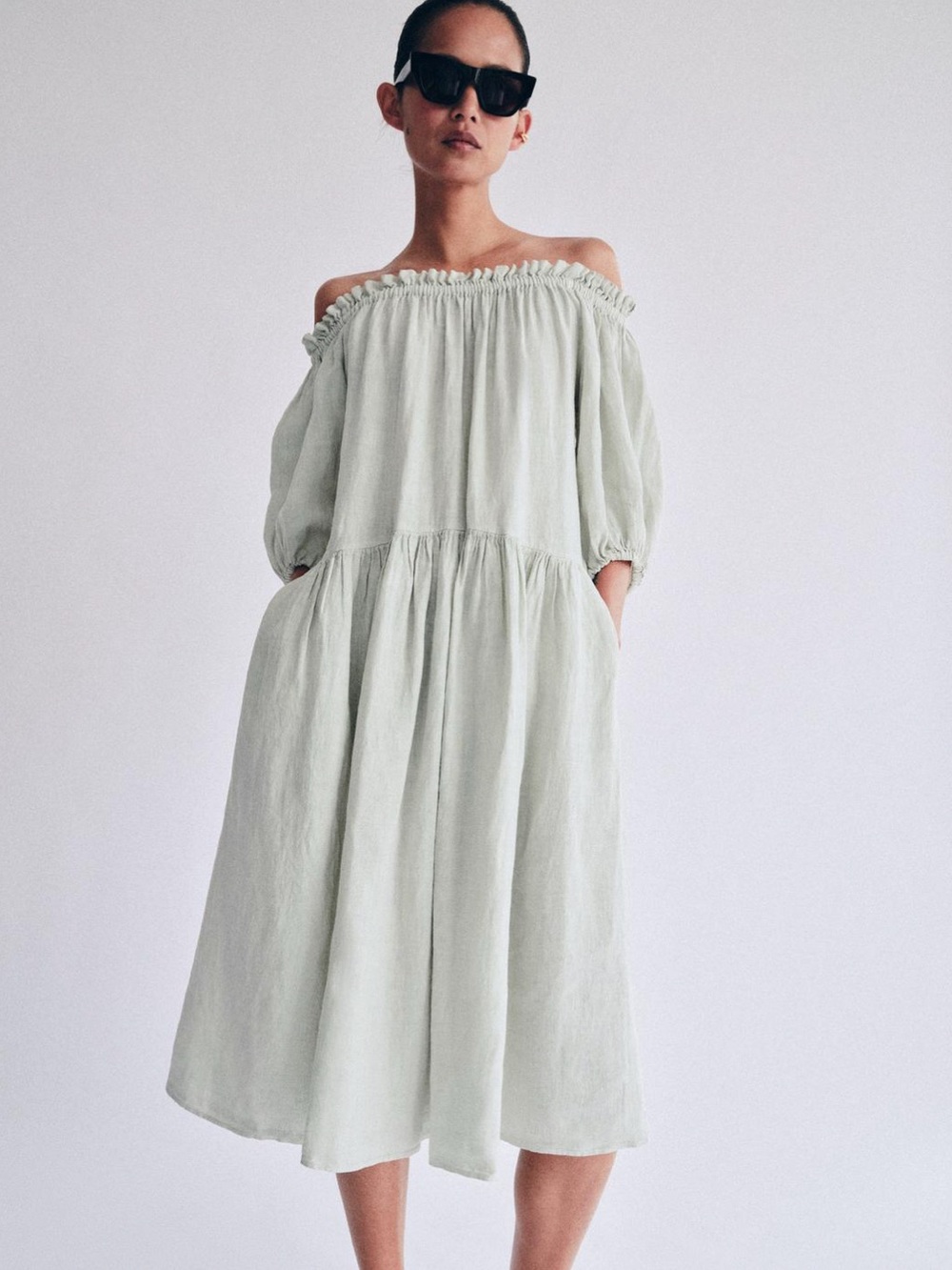 Zara Off-Shoulder Midi Dress in Sage Green